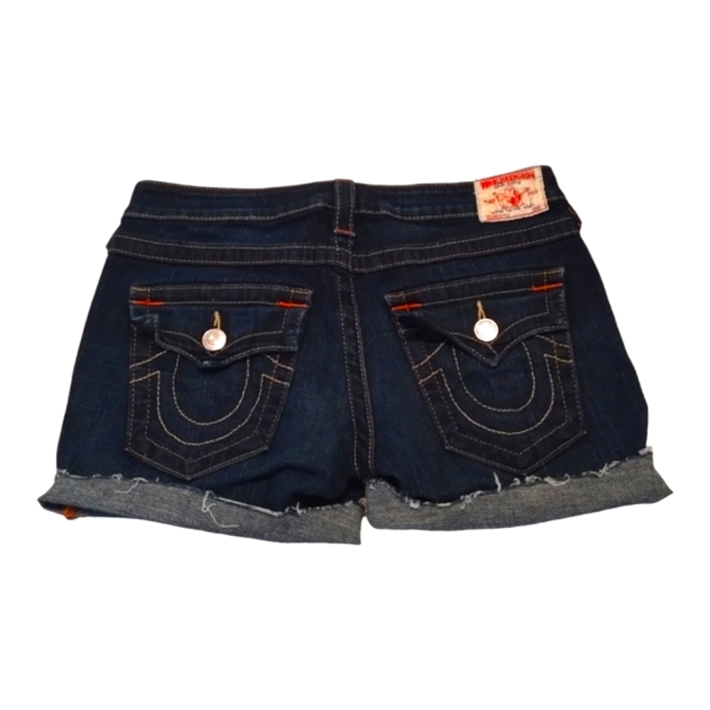 True Religion Jayde Mid Rise Classic Shorts  Button Flap Pockets Cuff Frayed